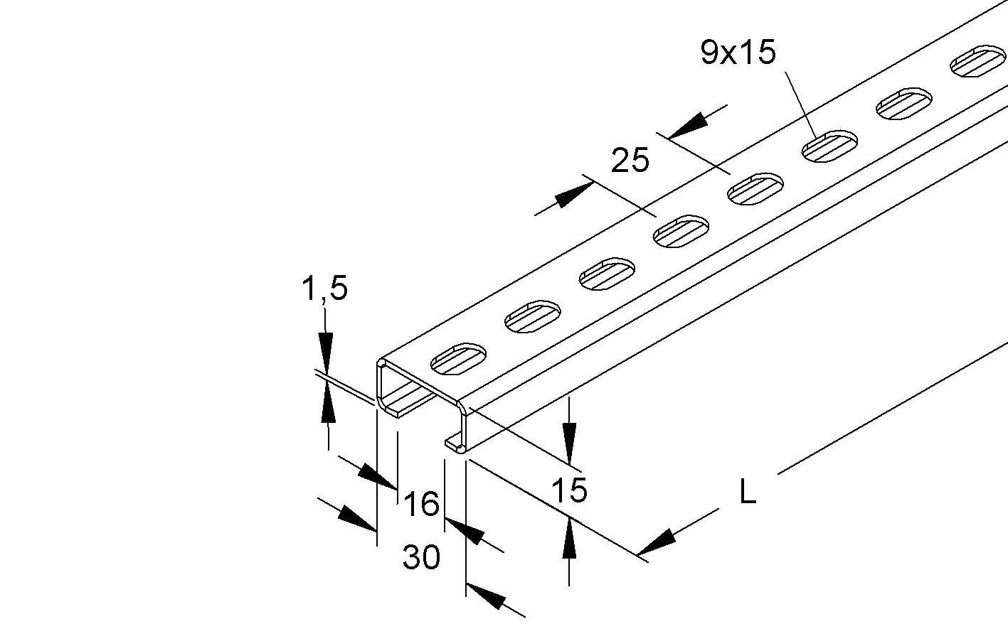 C-Profilschiene ST 2000x30x15mm 16mm D1,5mm Rück_gel