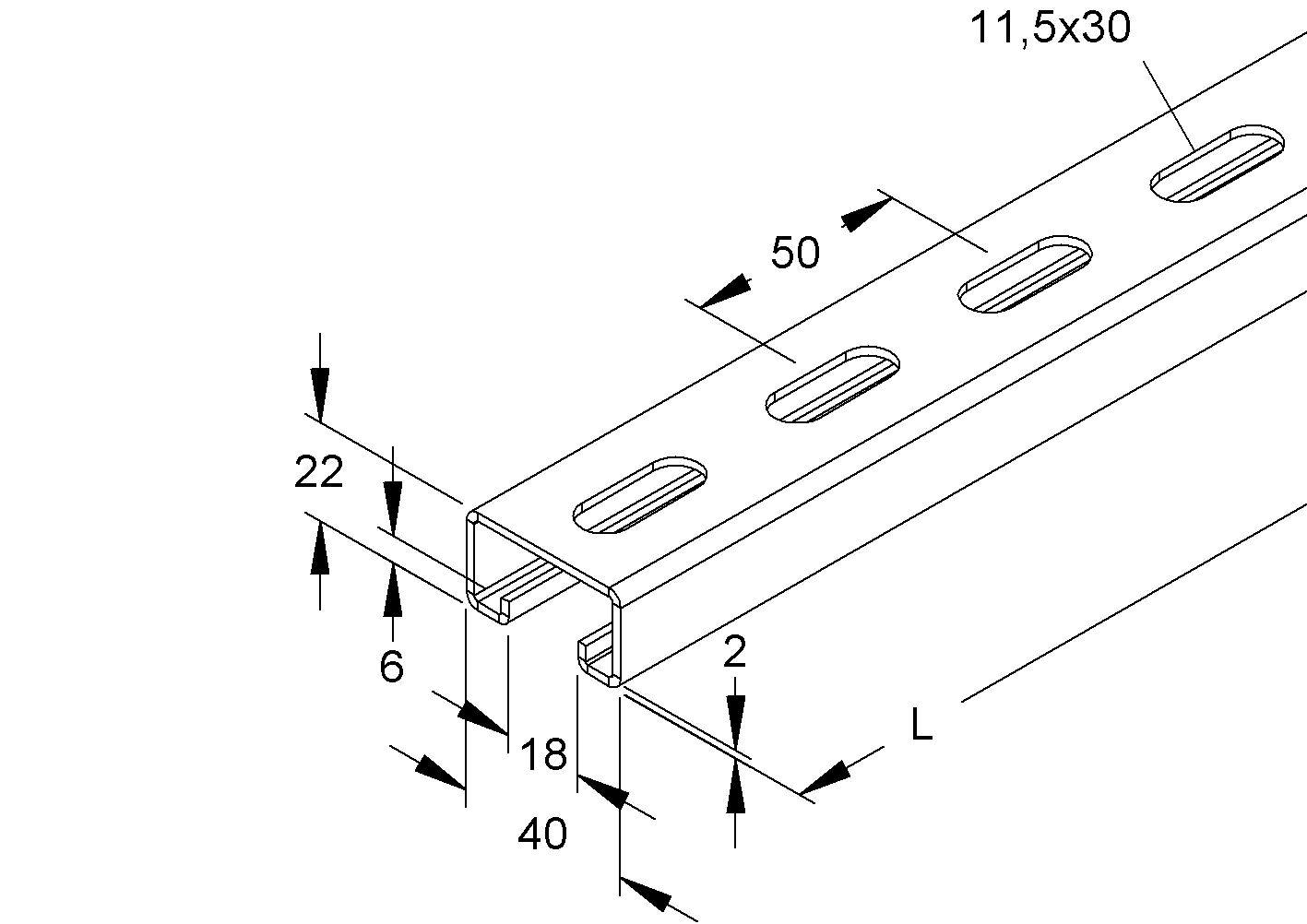 C-Profilschiene ST 2000x40x22mm 16mm D2mm Rück_gel