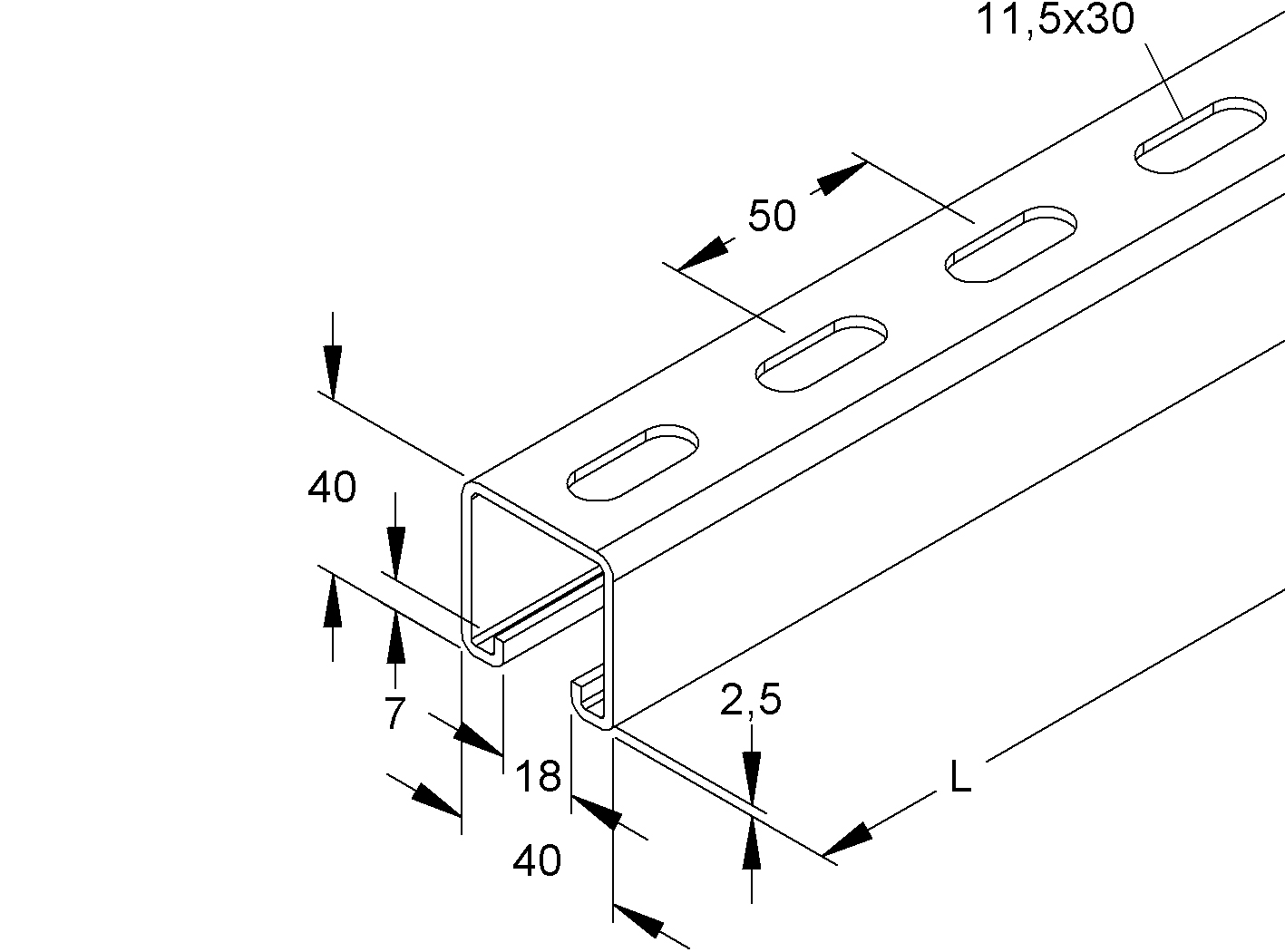 C-Profilschiene ST 2000x40x40mm 18mm D2,5mm Rück_gel