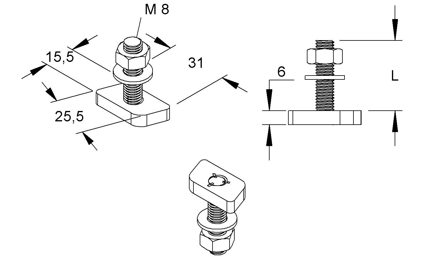 Hammerkopfschraube 25,5mm M8x30mm ST 4.6 g/vz Geeignet für Montageschiene