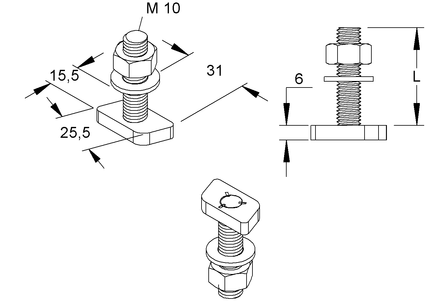 Hammerkopfschraube 25,5mm M10x30mm ST 4.6 g/vz Geeignet für Montageschiene