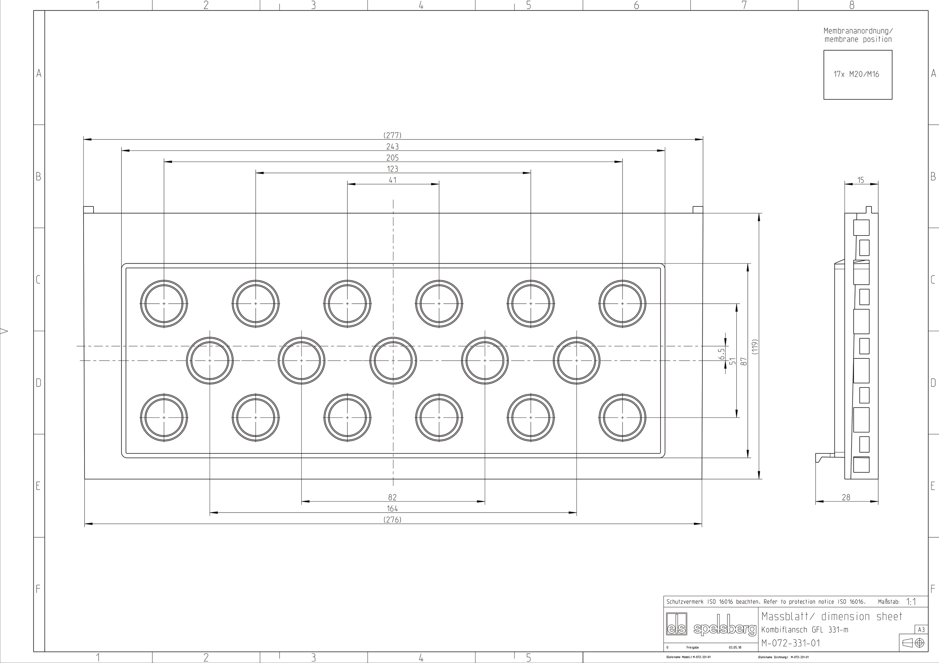 Einführungsflansch Kst 320x119mm unbeh Kabelverschr Vorprägungen