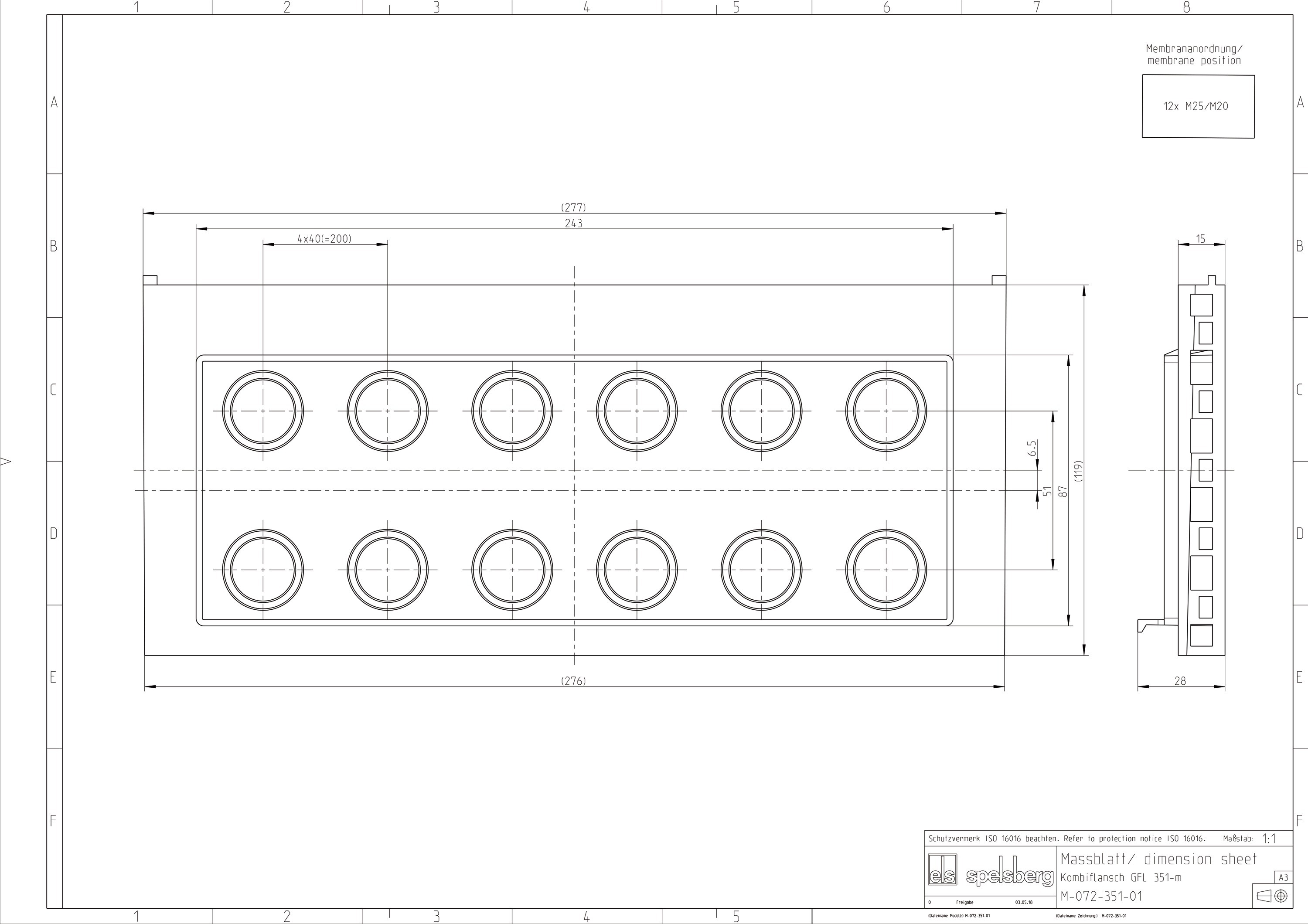 Einführungsflansch Kst 320x119mm unbeh Kabelverschr Vorprägungen