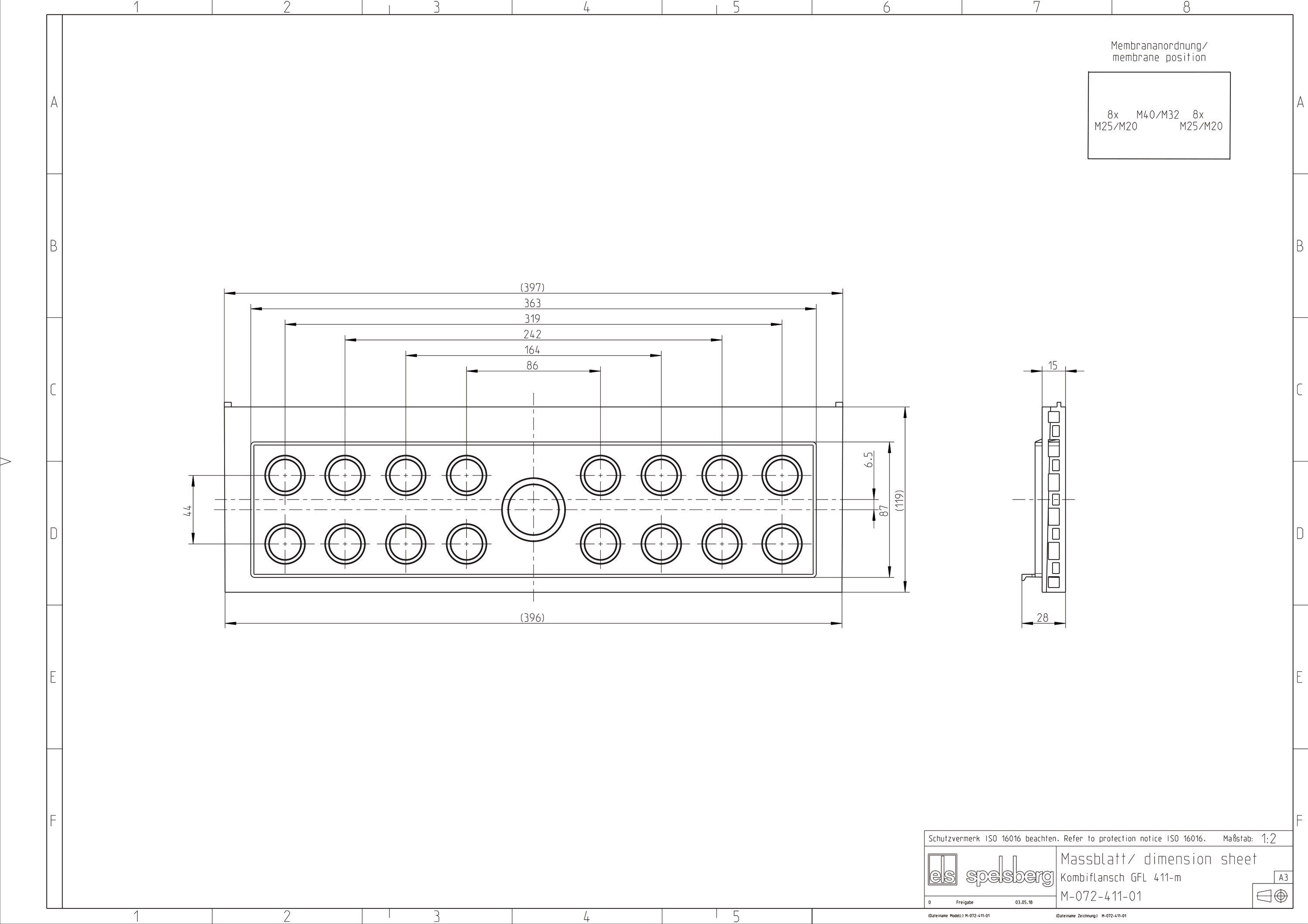 Einführungsflansch Kst 440x119mm unbeh Kabelverschr Vorprägungen