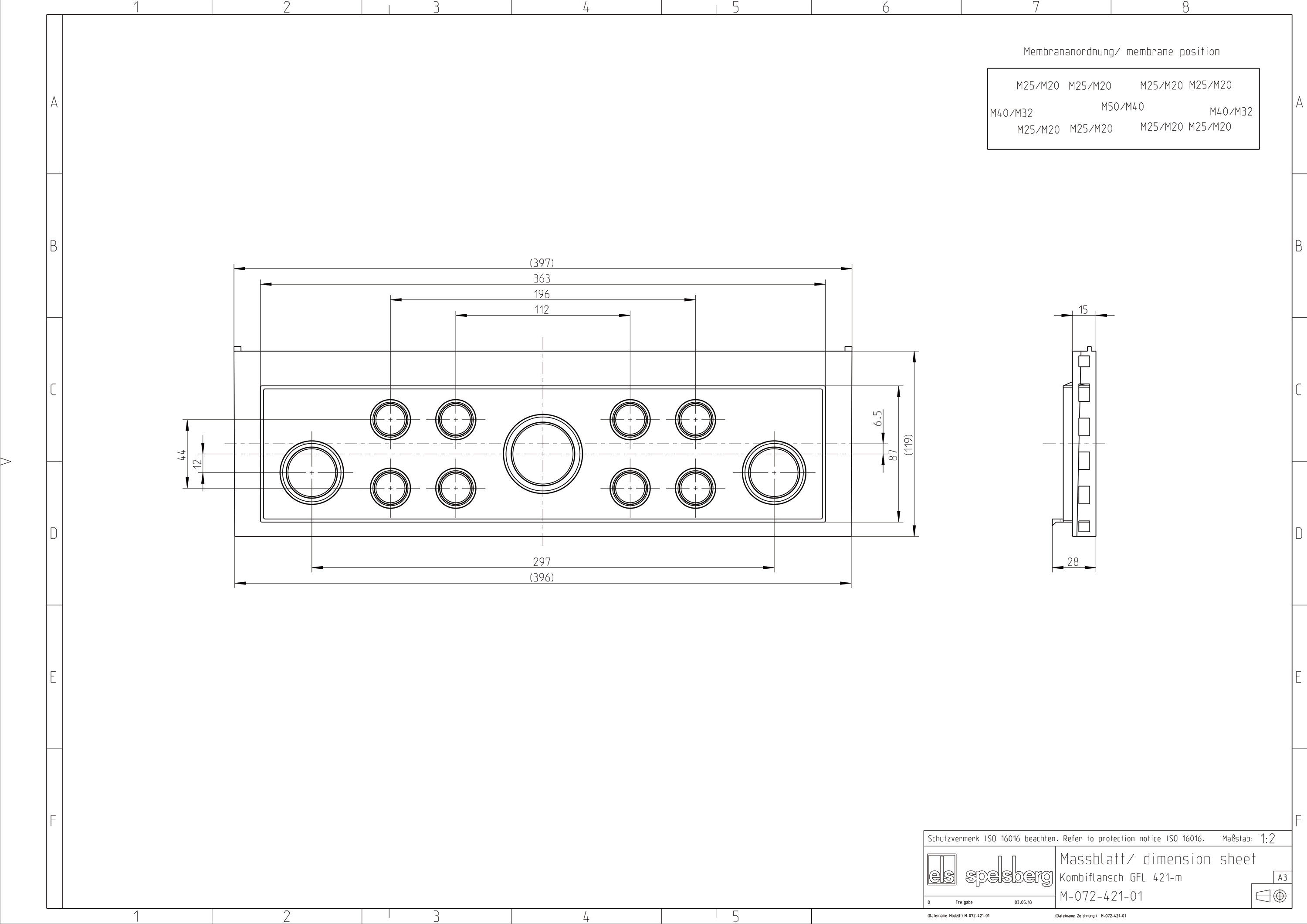 Einführungsflansch Kst 440x119mm unbeh Kabelverschr Vorprägungen