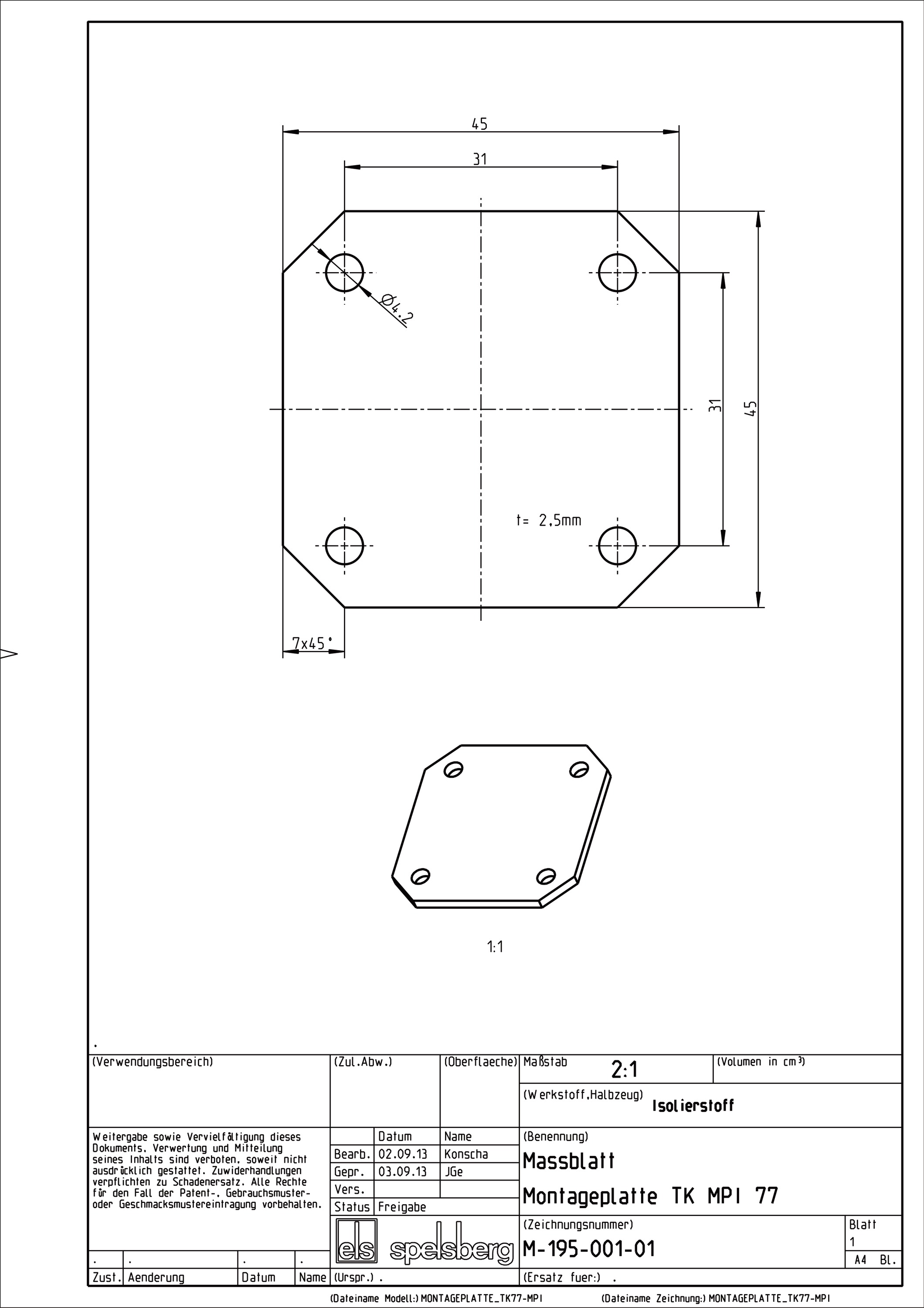 Montageplatte Verteiler Kst lack 45x45mm Lochung