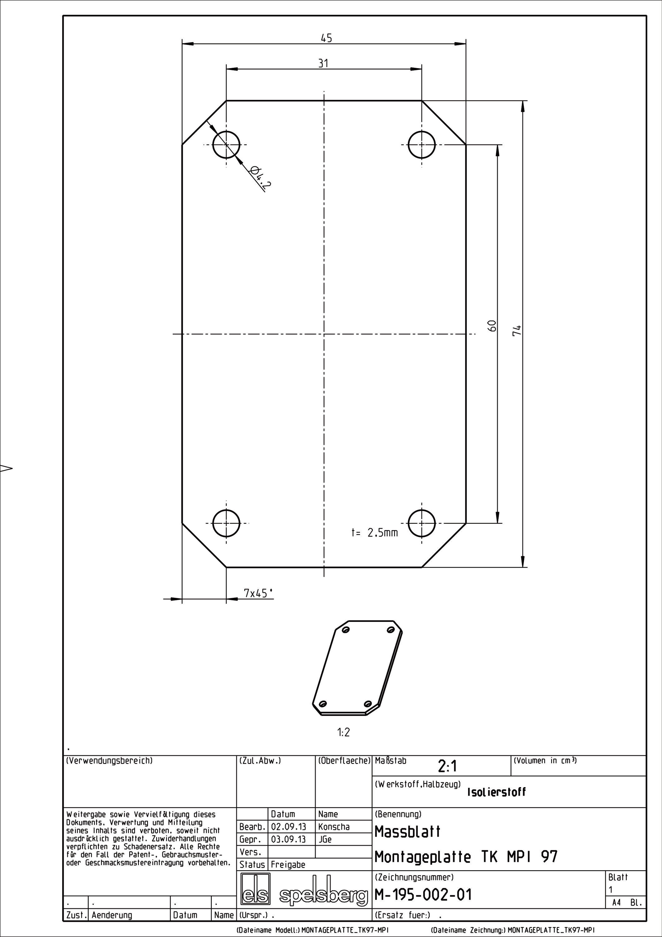 Montageplatte Verteiler Kst lack 74x45mm Lochung