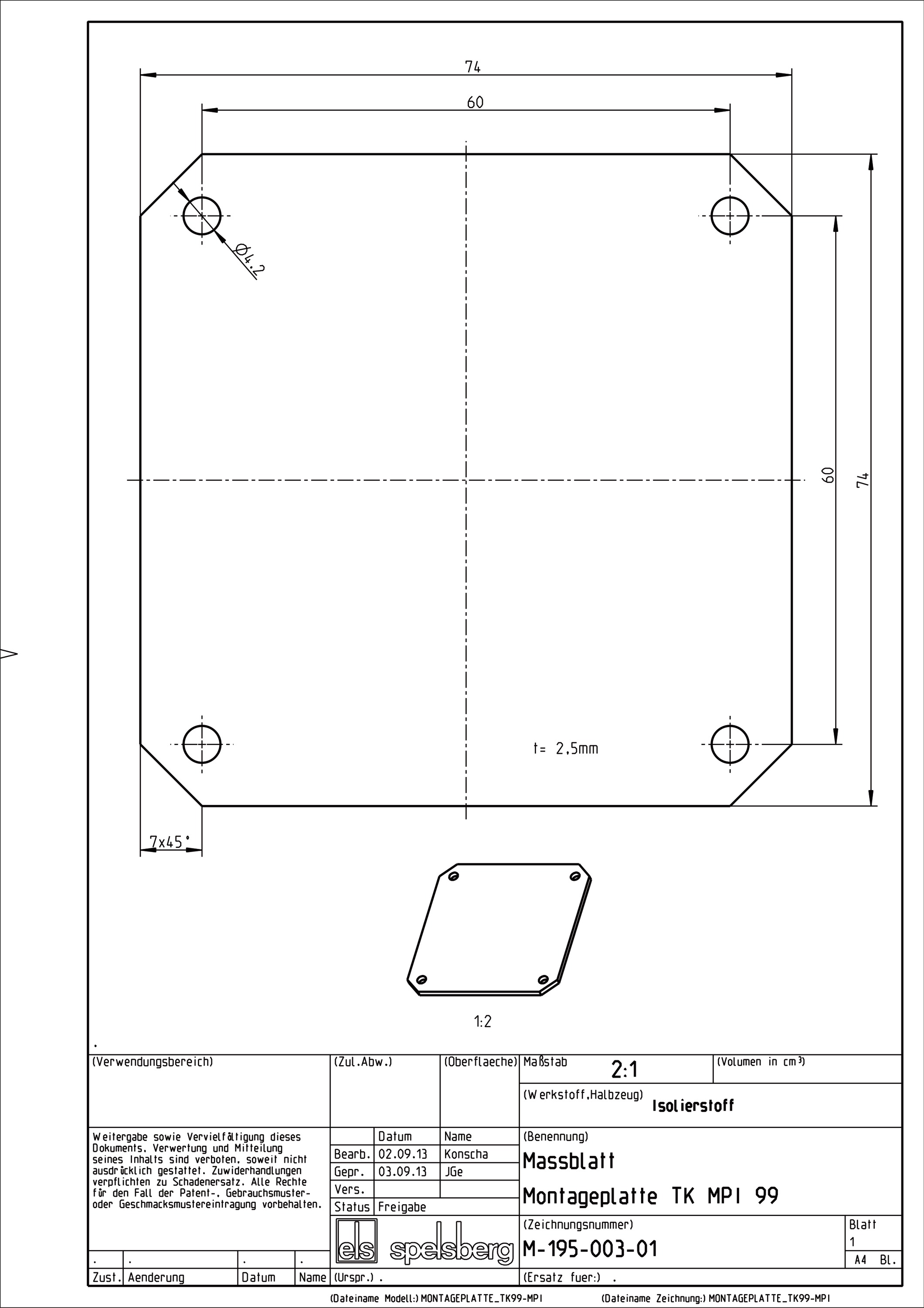 Montageplatte Verteiler Kst lack 74x74mm Lochung