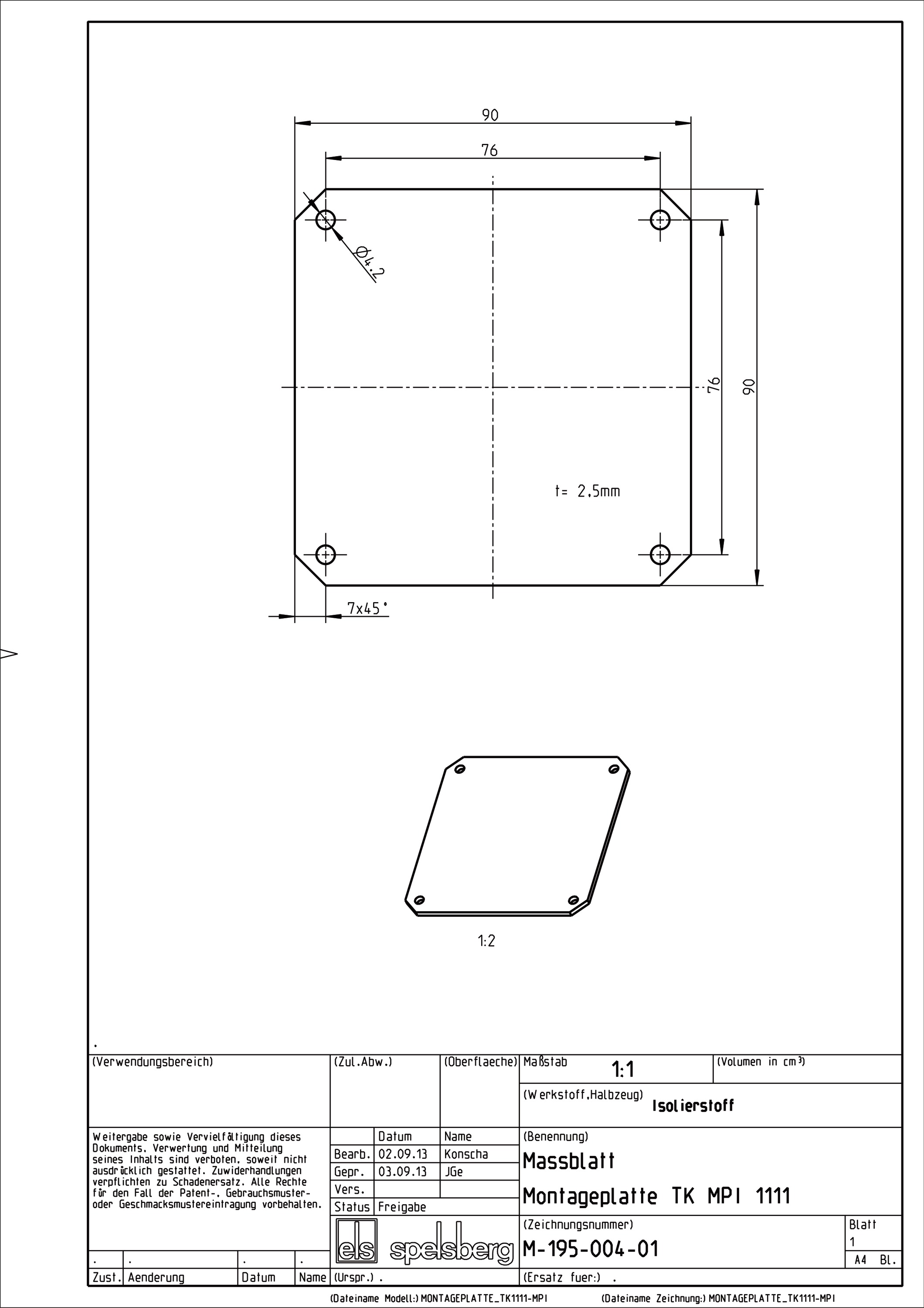 Montageplatte Verteiler Kst lack 90x90mm Lochung