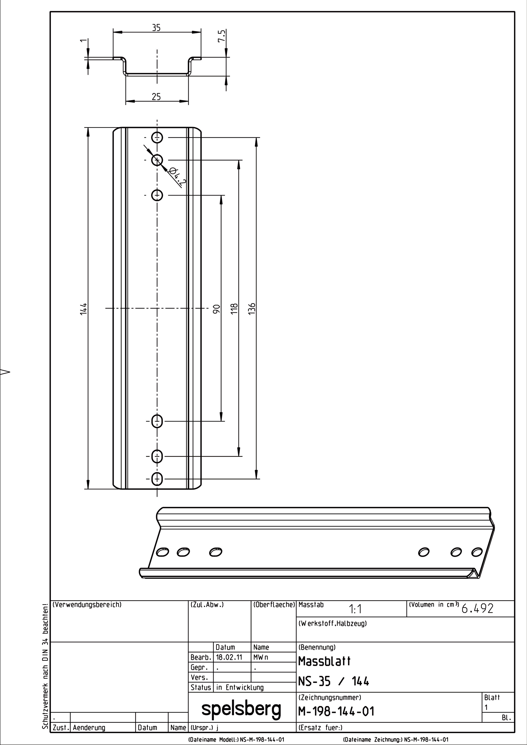 Tragschiene ST vz L144mm Rundl 35/7,5mm Hut_35/7,5mm