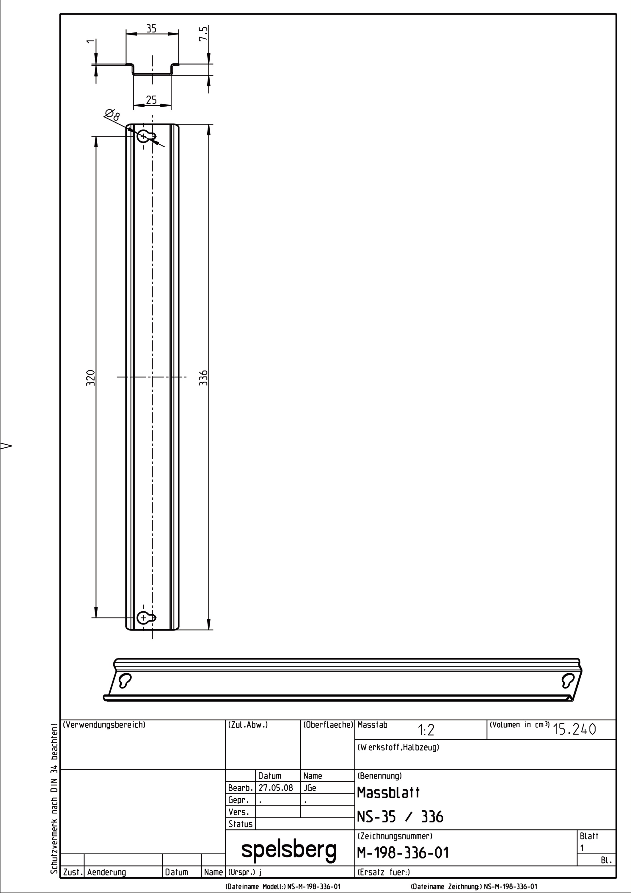 Tragschiene ST vz L336mm Rundl 35/7,5mm Hut_35/7,5mm