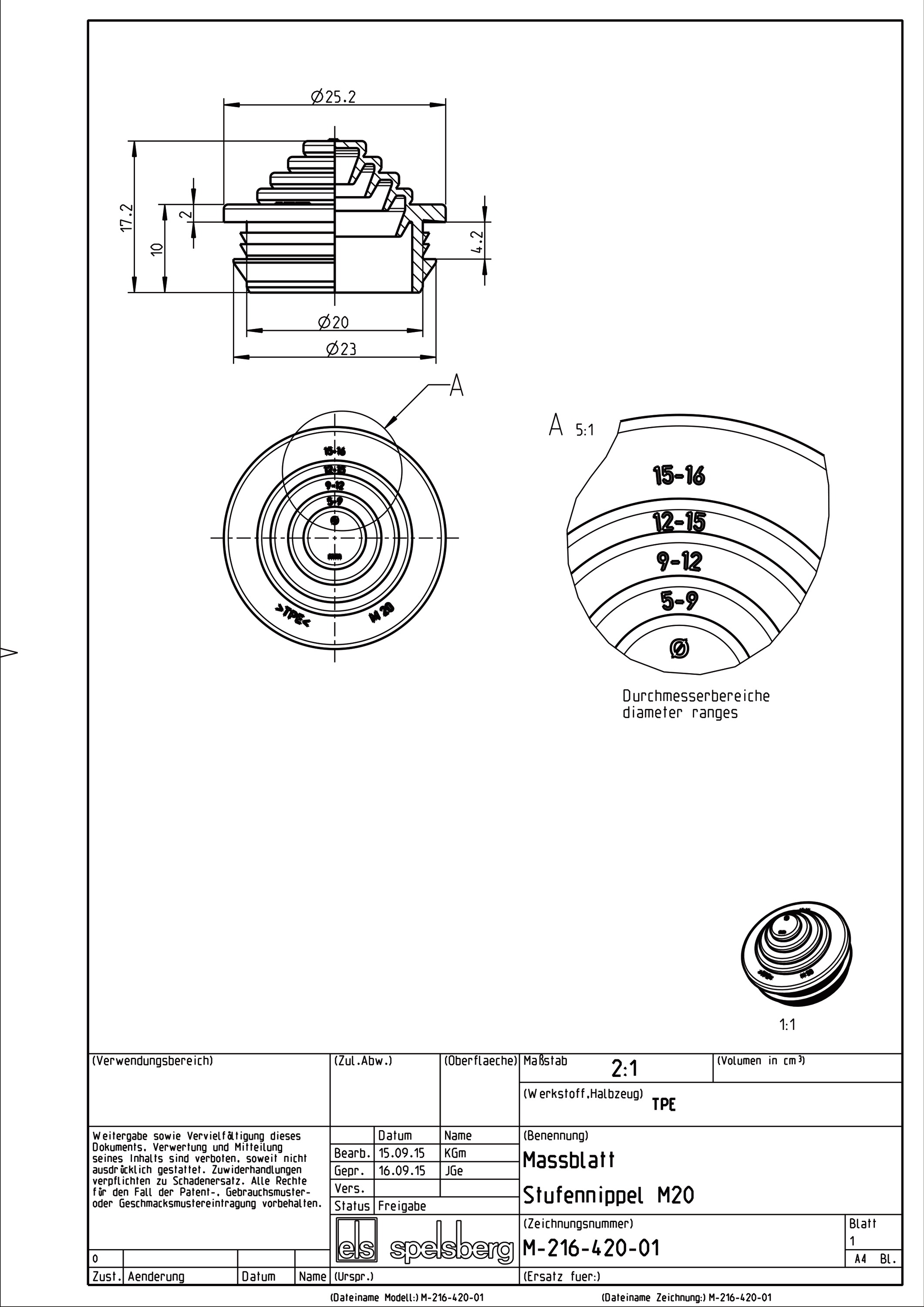 Kabeleinsteckstutzen IP55 Ø20mm 5-16mm lgr hfr abschneid