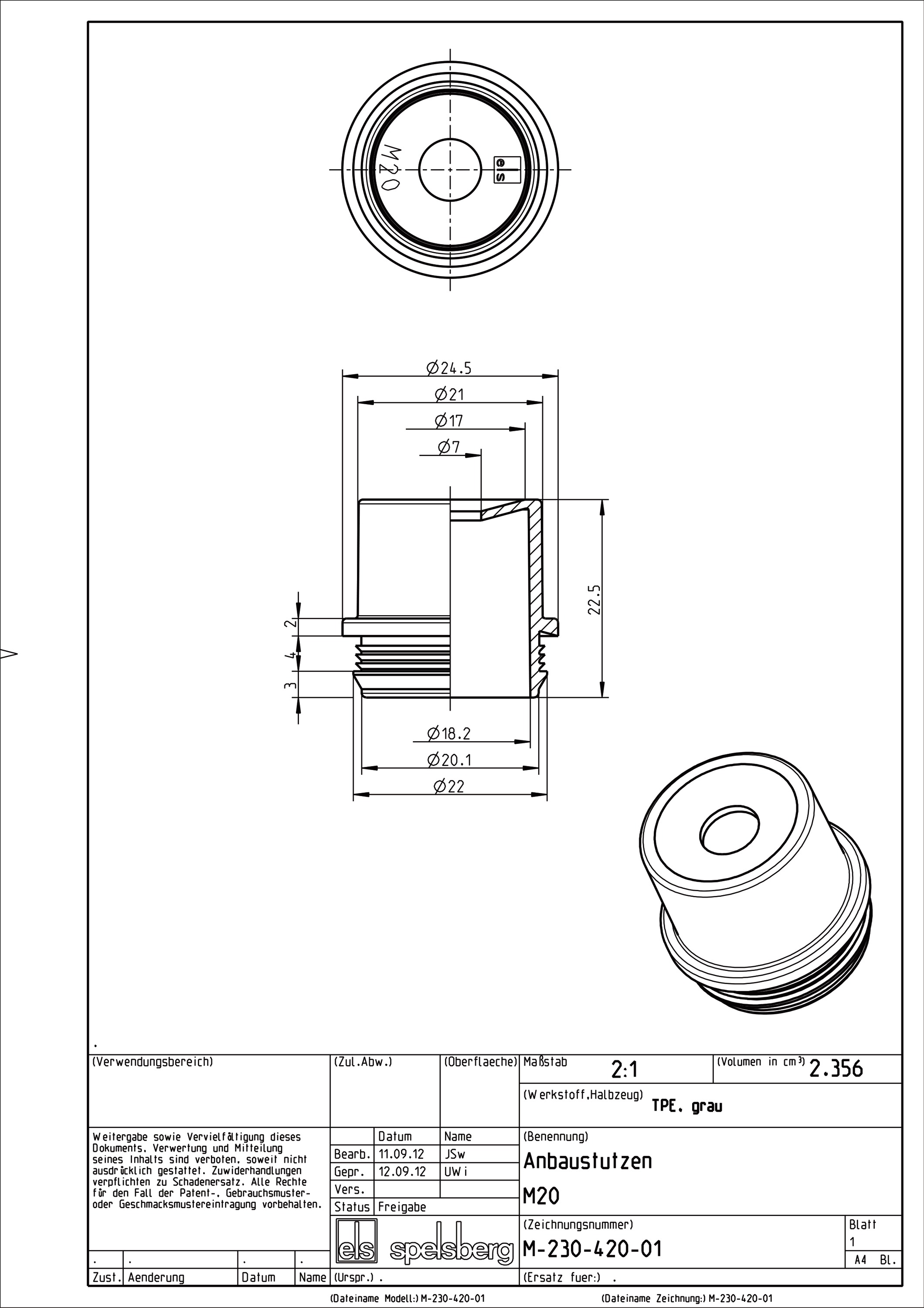 Kabeleinsteckstutzen IP54 Ø20mm 8-13,5mm lgr hfr offen