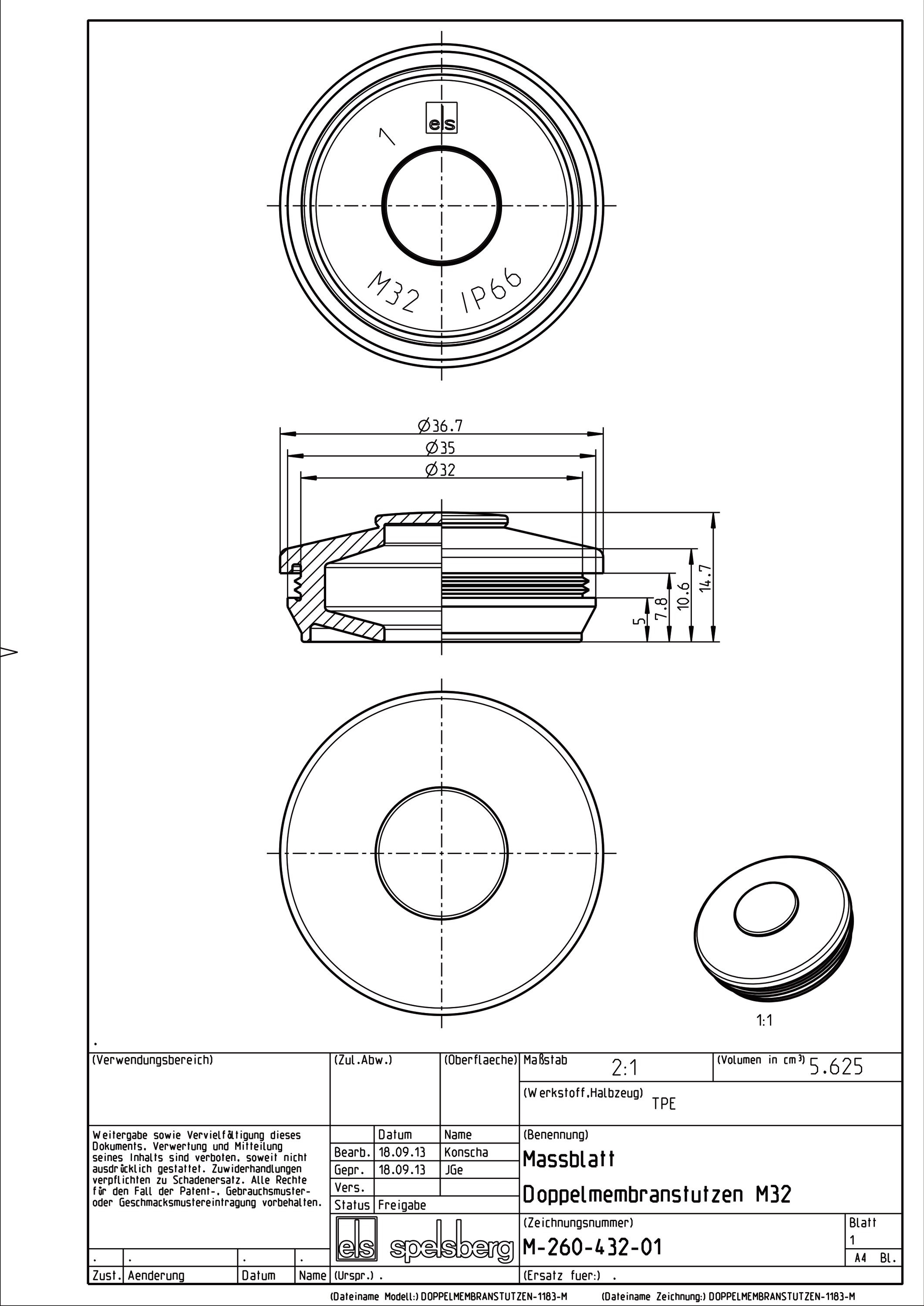 Kabeleinsteckstutzen IP66 Ø32mm 14-21mm lgr hfr geschl