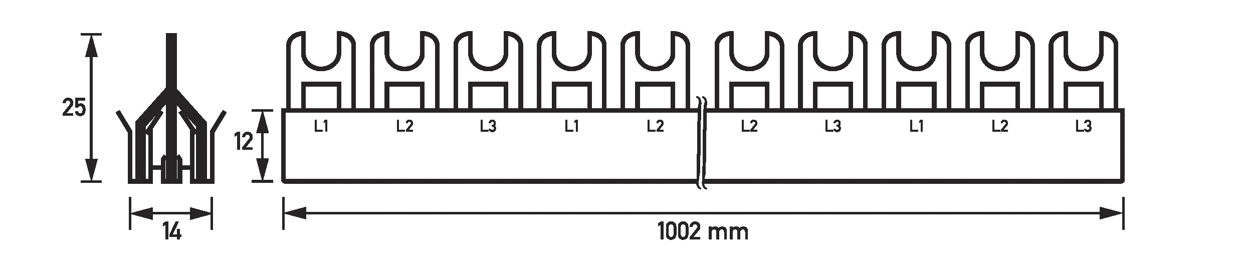 Phasenschiene 3ph 17,5mm 1000mm 10qmm 100A Gabel Isoliert