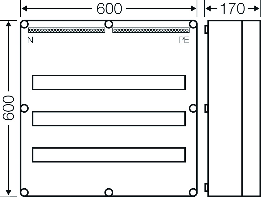 Automatengehäuse AP 3x28TE Kst IP65 REG 600x600x170mm ET93mm