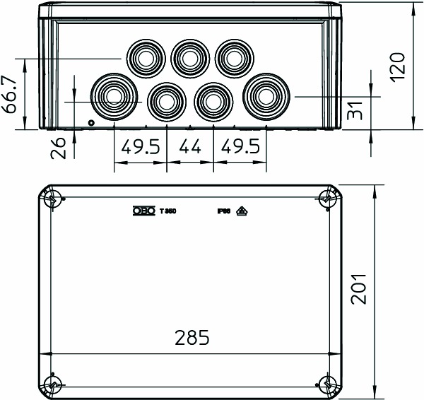 Abzweigdose IP66 35qmm 285x201x120mm lgr Kst Wand/Decke hfr