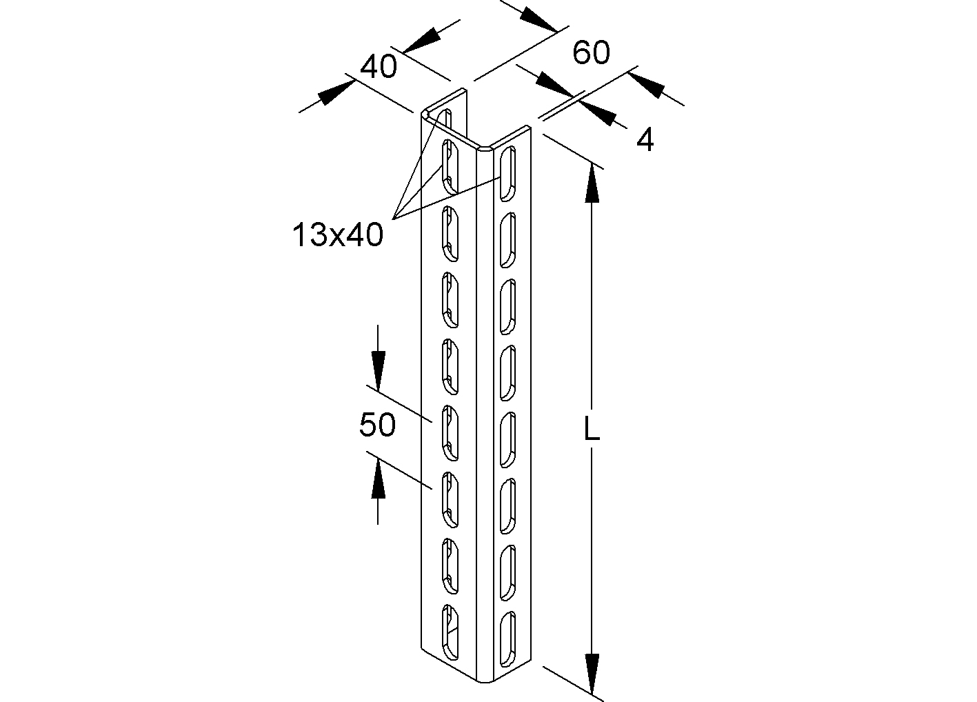 U-Profilschiene ST 6000x40x60mm 40mm D4mm 3Seit_gel