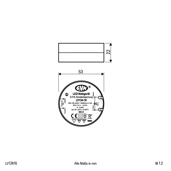 LED-Trafo 0,1-8W 12V IP20 Kstgeh stat 53x53x18mm