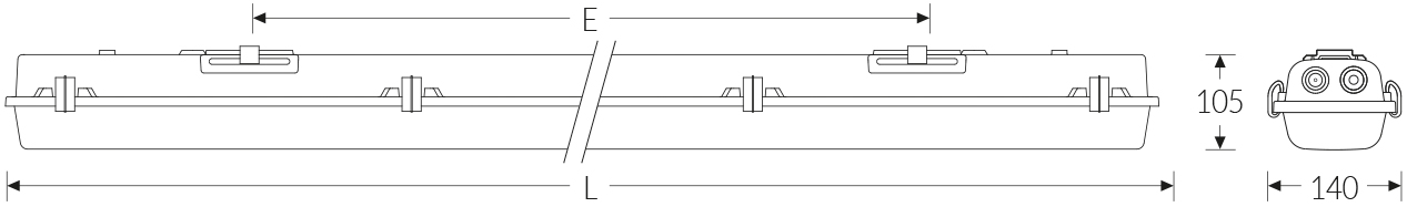 Feuchtraumleuchte 2x58W T8 ws EVG IP65 G13 1585x140x90mm