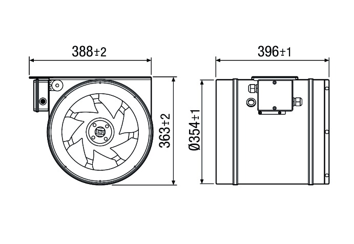 Rohrventilator Ø355mm 230V 5000cbm/h 860W VA 45°C