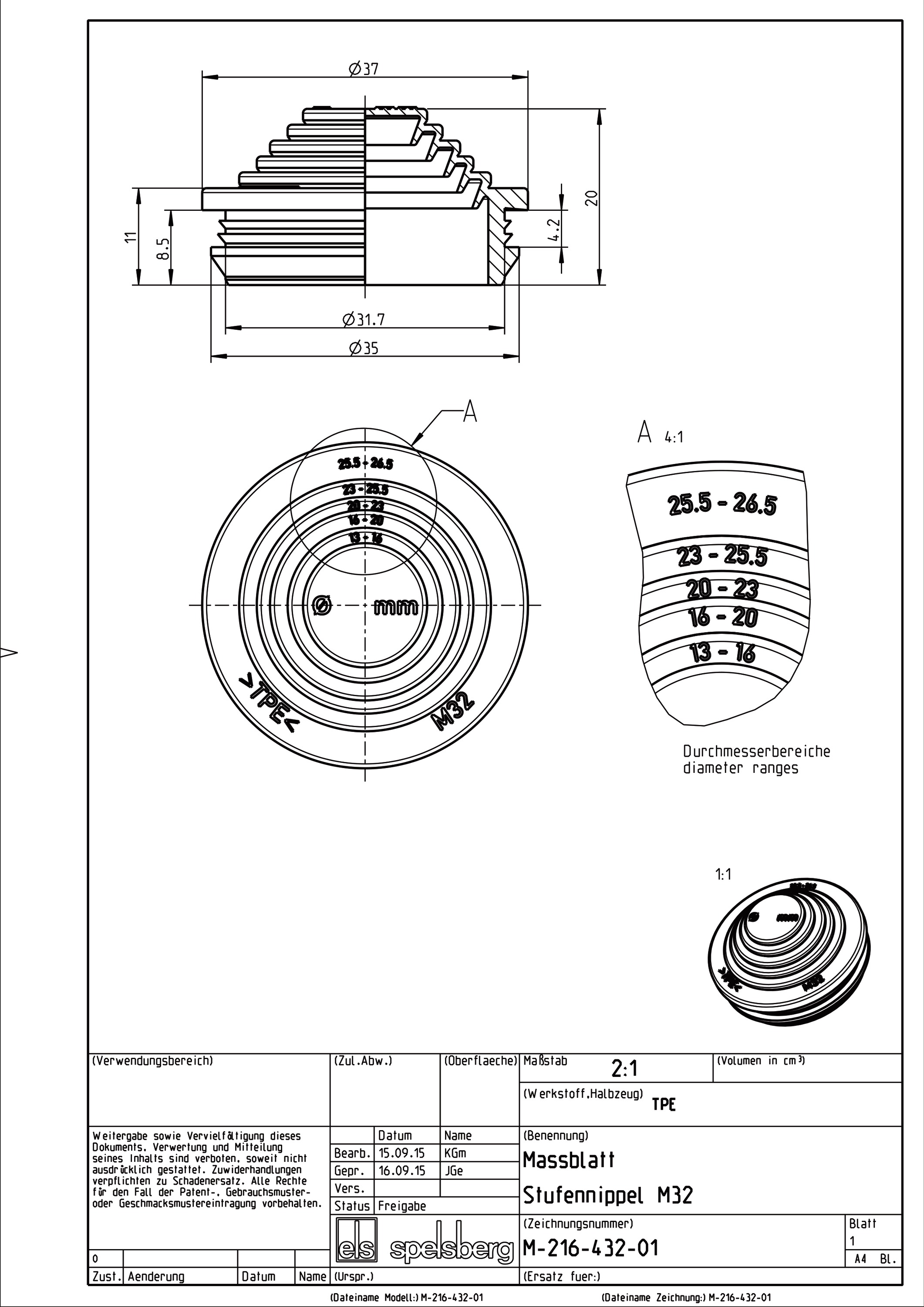 Kabeleinsteckstutzen IP55 Ø32mm 13-26,5mm lgr hfr abschneid