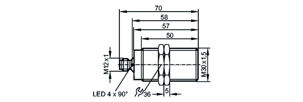 Näherungsschalter ind DC Ø30x70mm 10mm Steck-M12 PNP 10-36V bündig 450Hz Zyl