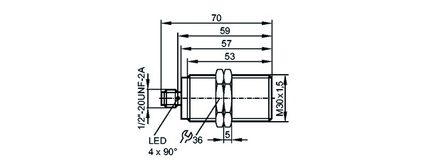 Näherungsschalter ind UC Ø30x70mm 14mm 12,7mm(½) 1/2Zoll Relaiskont 20-140V Zyl