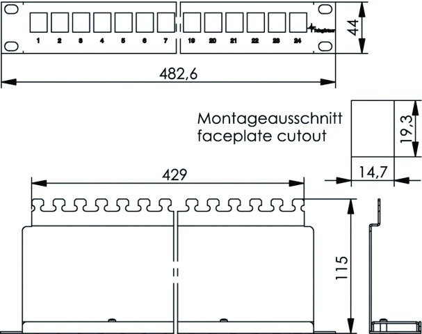 Modulträger 24Ports 1HE Schirm RAL7035 19Zoll-Einbau 44x483x116mm