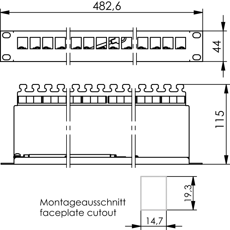 Patchpanel 24Ports 1HE Cat6A Schirm RAL7035 19Zoll-Einbau 44x482x115mm