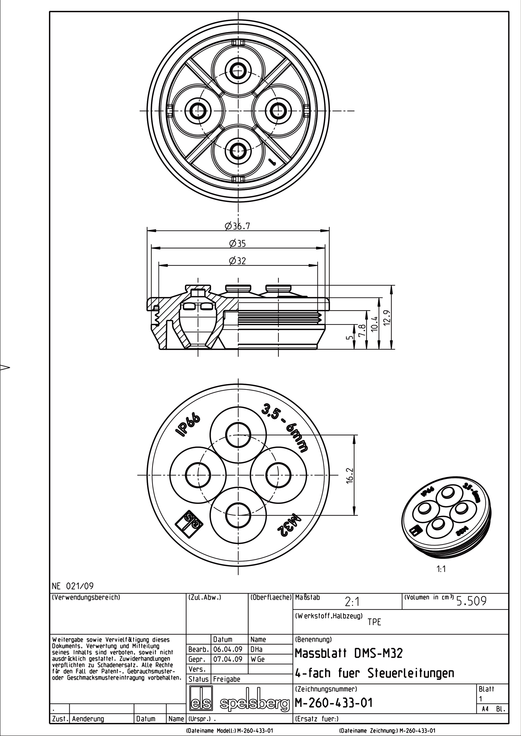 Kabeleinsteckstutzen IP66 Ø32mm 3,5-6mm lgr hfr geschl