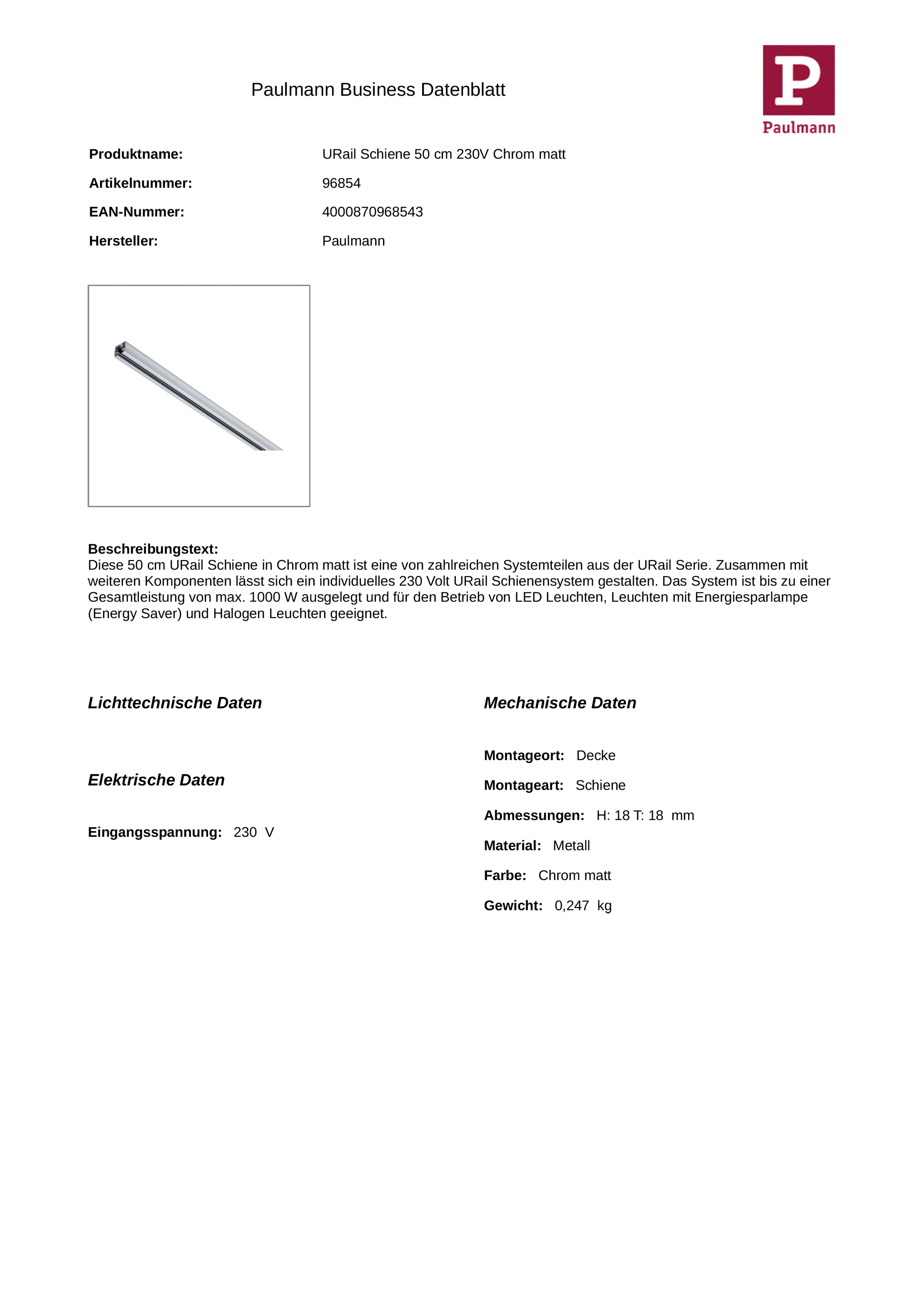 Stromschiene 1ph 500mm chr 230V ST 18x18mm rechteck