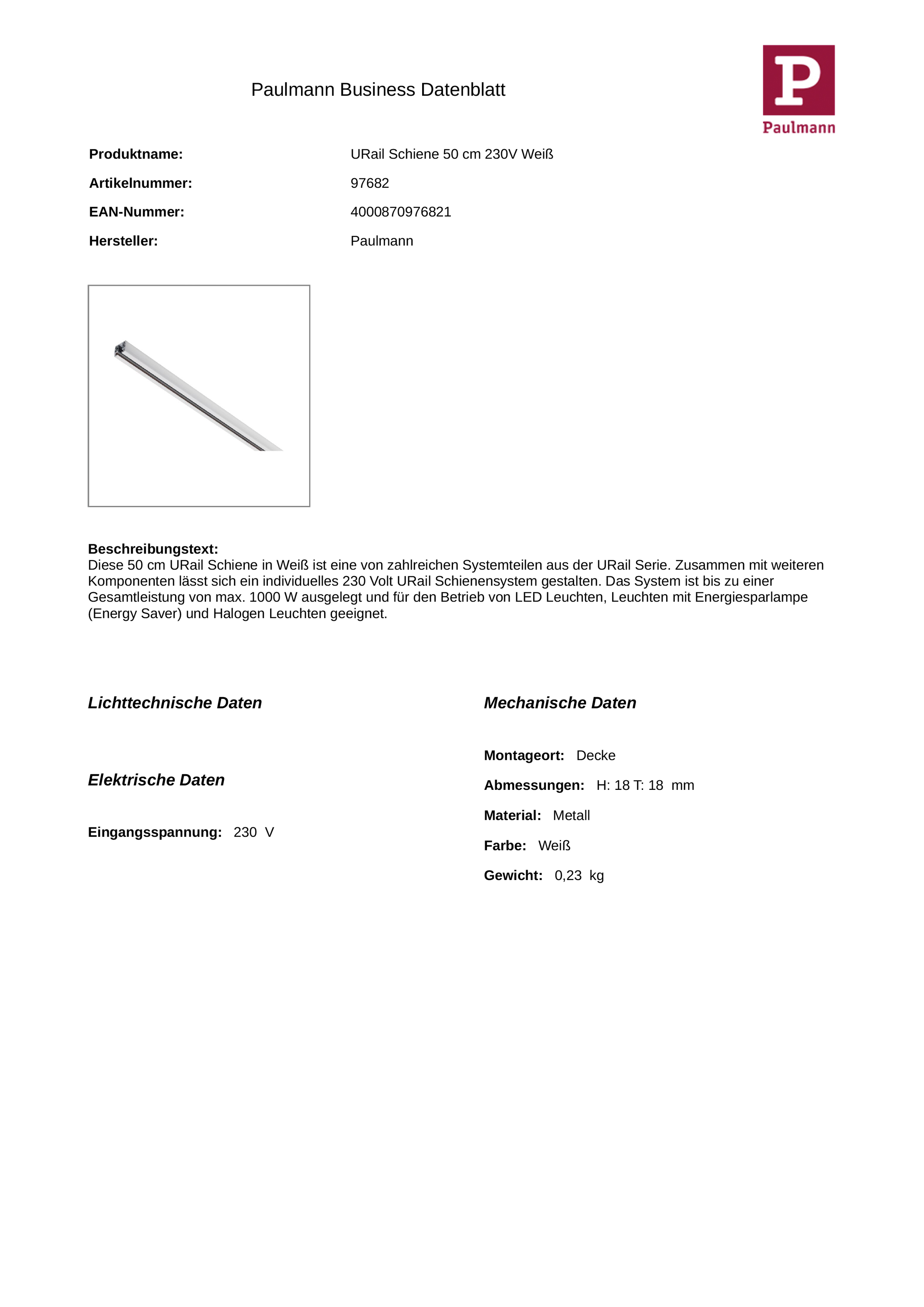 Stromschiene 1ph 500mm ws 230V ST 18x18mm rechteck