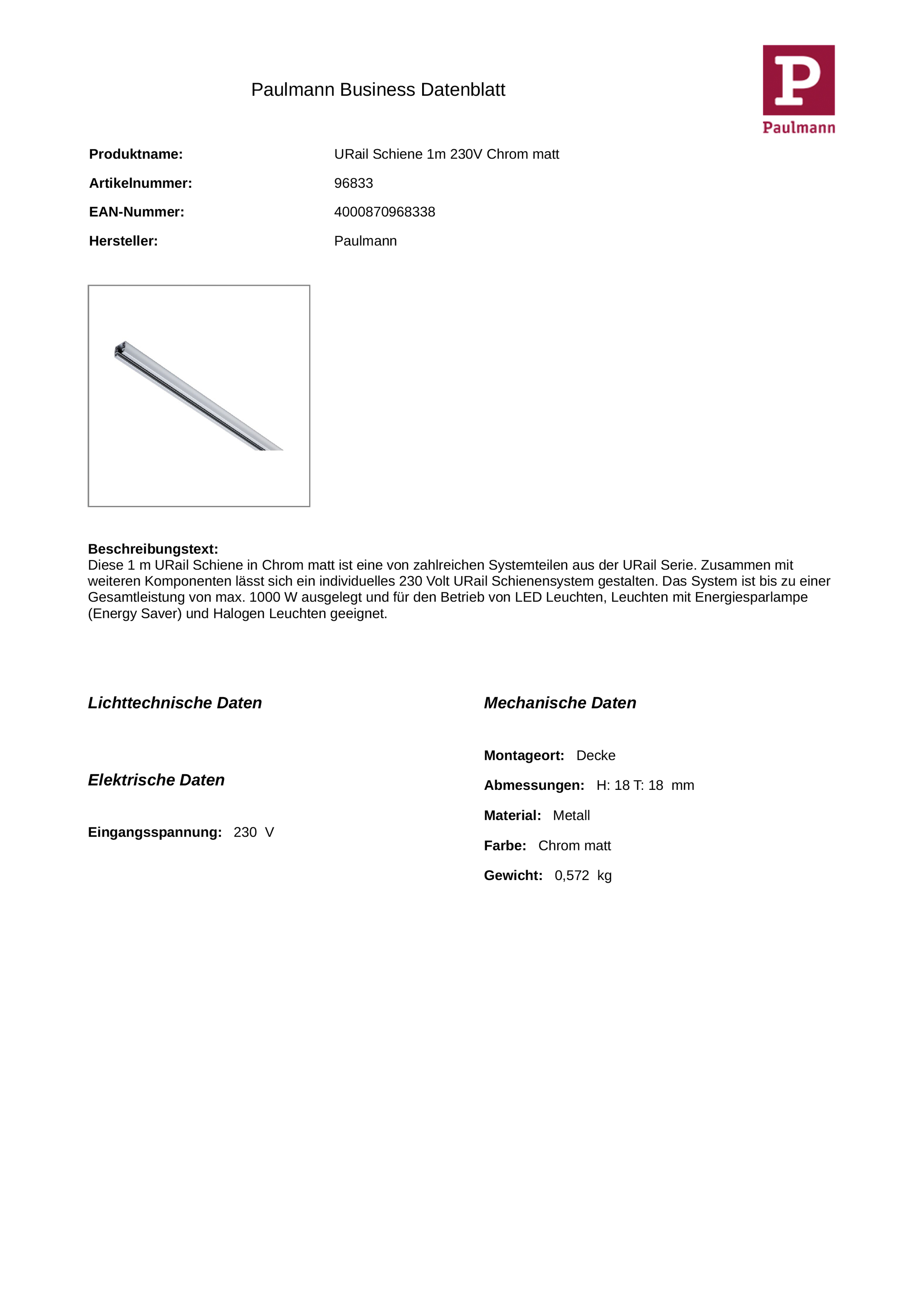 Stromschiene 1ph 1000mm chr 230V ST 18x18mm rechteck