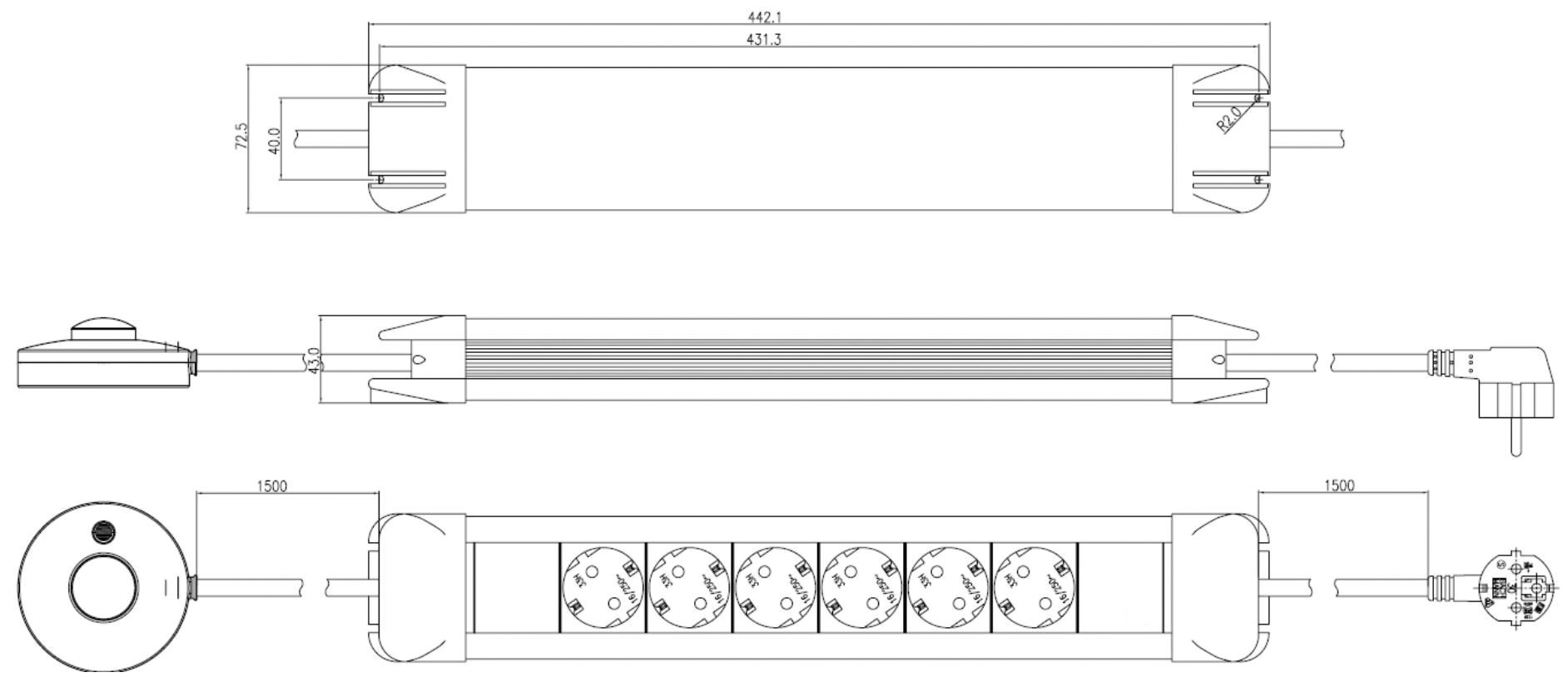 Steckdosenleiste 6f sw m.Ein/Aus 1,5m 35° IP20 Mit Ein-/Ausschalter 1,5qmm