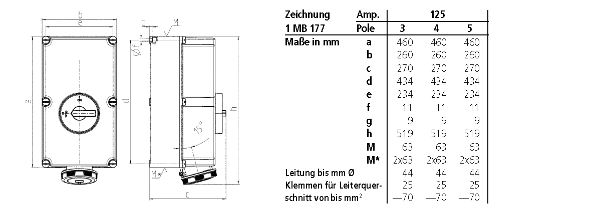 CEE-Schaltersteckdose 5p 125A 400V/rt 6h IP67 Kst gemischt mech.Verrieg