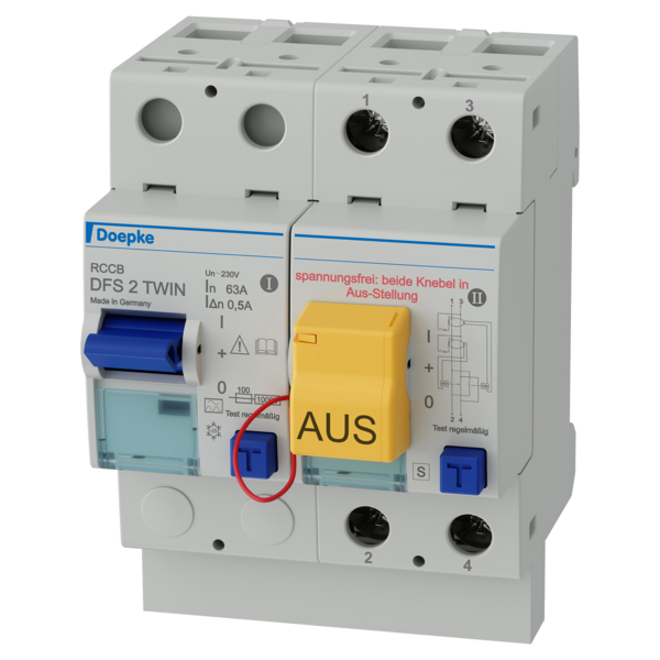 FI-Schutz mit Zusatz 2p 253V 63A 0,5A Unterbrechungsfreie Prüfung REG 4TE 5kA