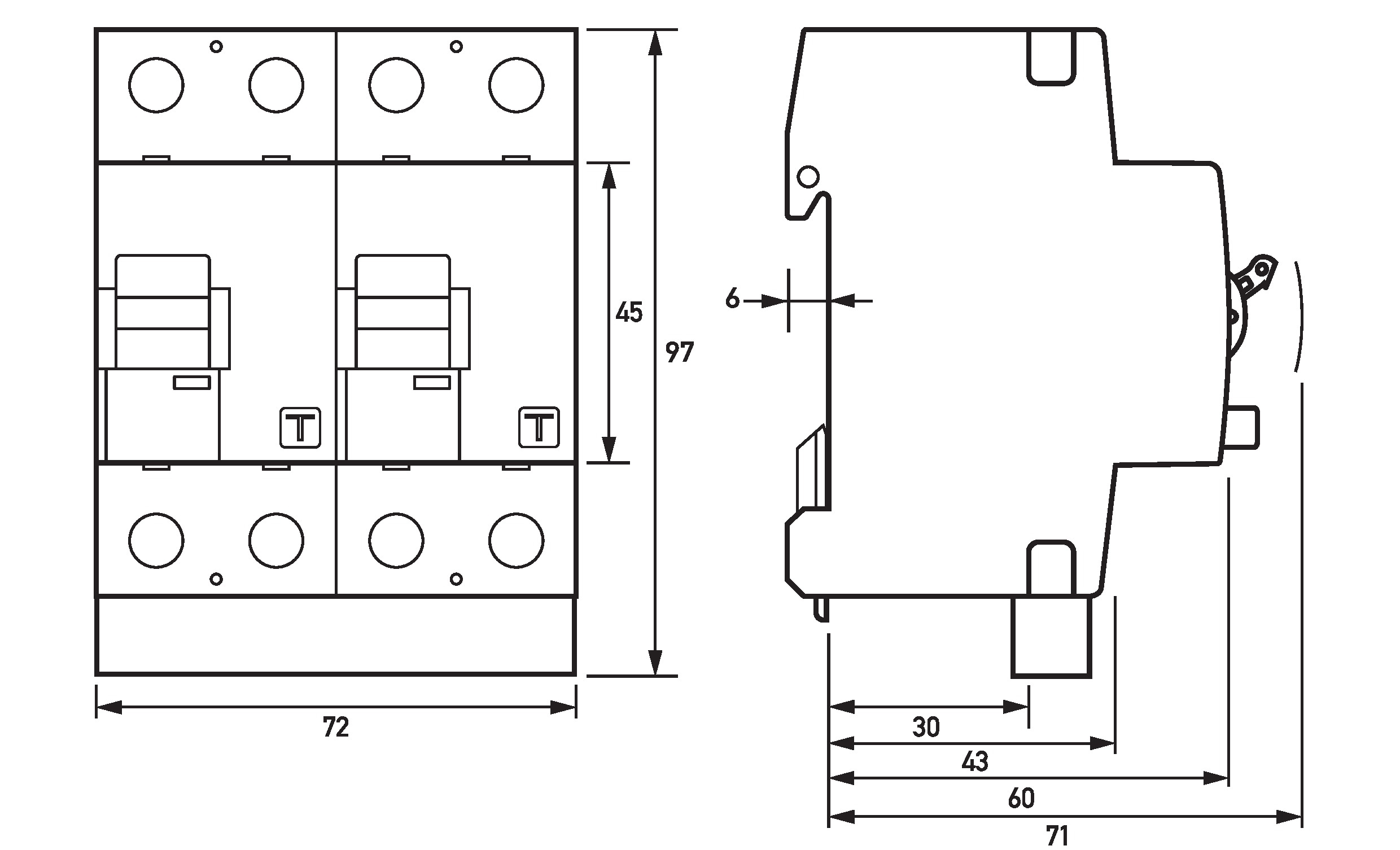 FI-Schutz mit Zusatz 2p 253V 63A 0,5A Unterbrechungsfreie Prüfung REG 4TE 5kA