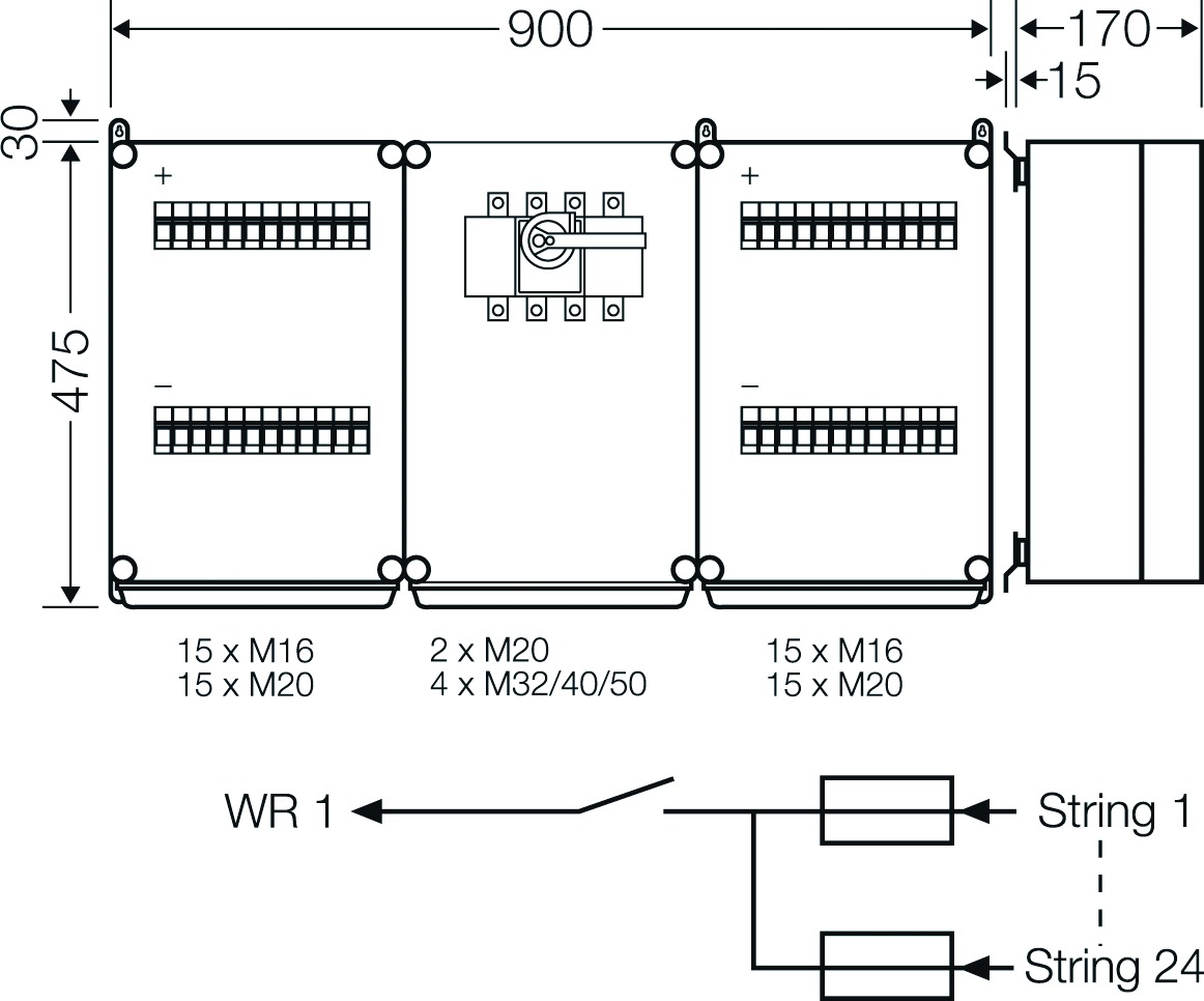 Klemmenkasten 16qmm Kst 475x900x170mm AP 50einf IP65 hfr