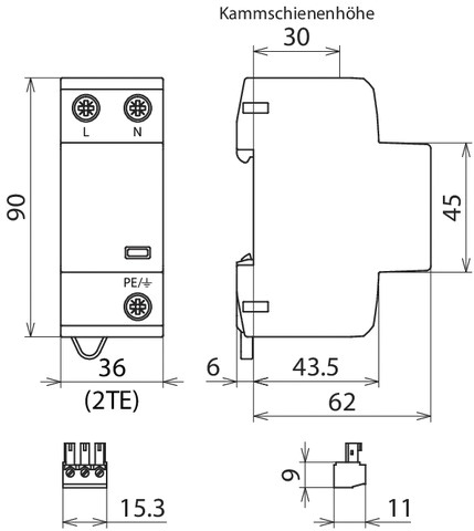 Kombi-Ableiter TS35 2p TN TT 230VAC 2kV Hutschiene TH35 Netzform TN 2TE opt