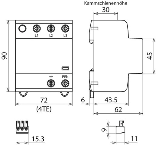 Kombi-Ableiter TS35 3p TN-C 230VAC 1,5kV Hutschiene TH35 Netzform TN-C 4TE opt