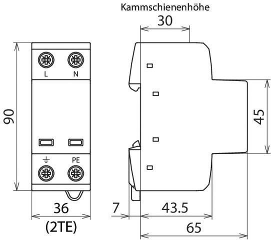 Kombi-Ableiter TS35 2p TN TT 230VAC opt 1,5kV 2TE Hutschiene TH35 Netzform TN