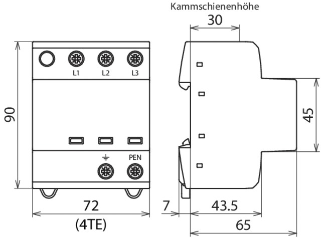 Kombi-Ableiter TS35 3p TN-C 255VAC 1,5kV 4TE Hutschiene TH35 Netzform TN-C opt