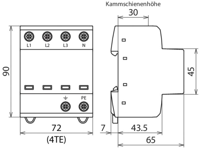 Kombi-Ableiter TS35 4p TN-S 255VAC 1,5kV 4TE Hutschiene TH35 Netzform TN-S opt