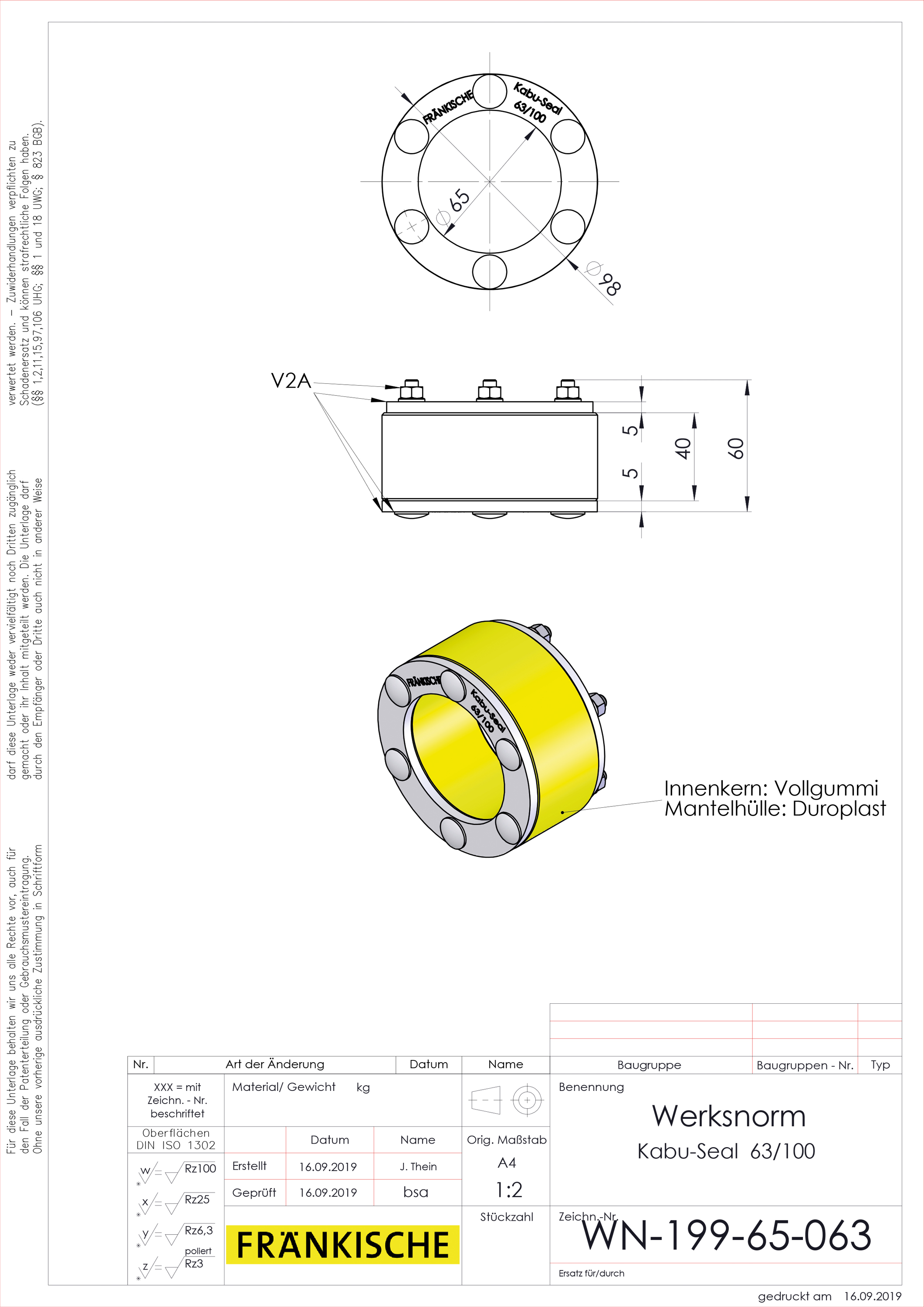 Mauerdurchführung Ø100mm L60mm Ø64/60mm Pressringdichtung Ø63mm