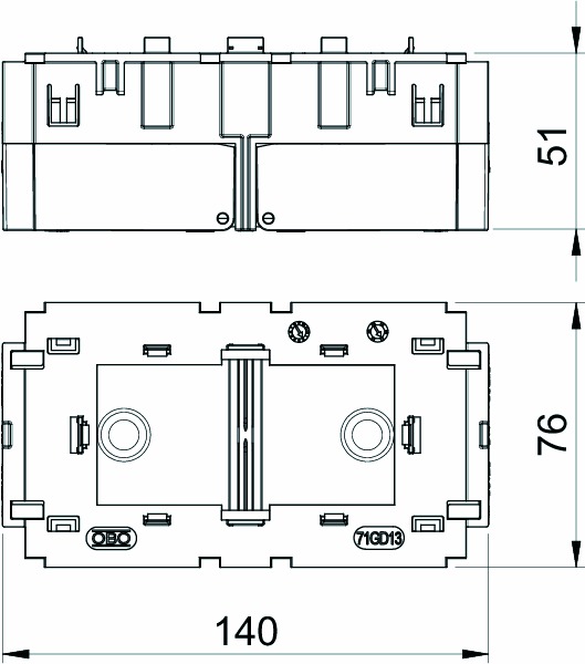 Geräteeinbaudose GEB-K 2f Front RM45 45mm rast geschl