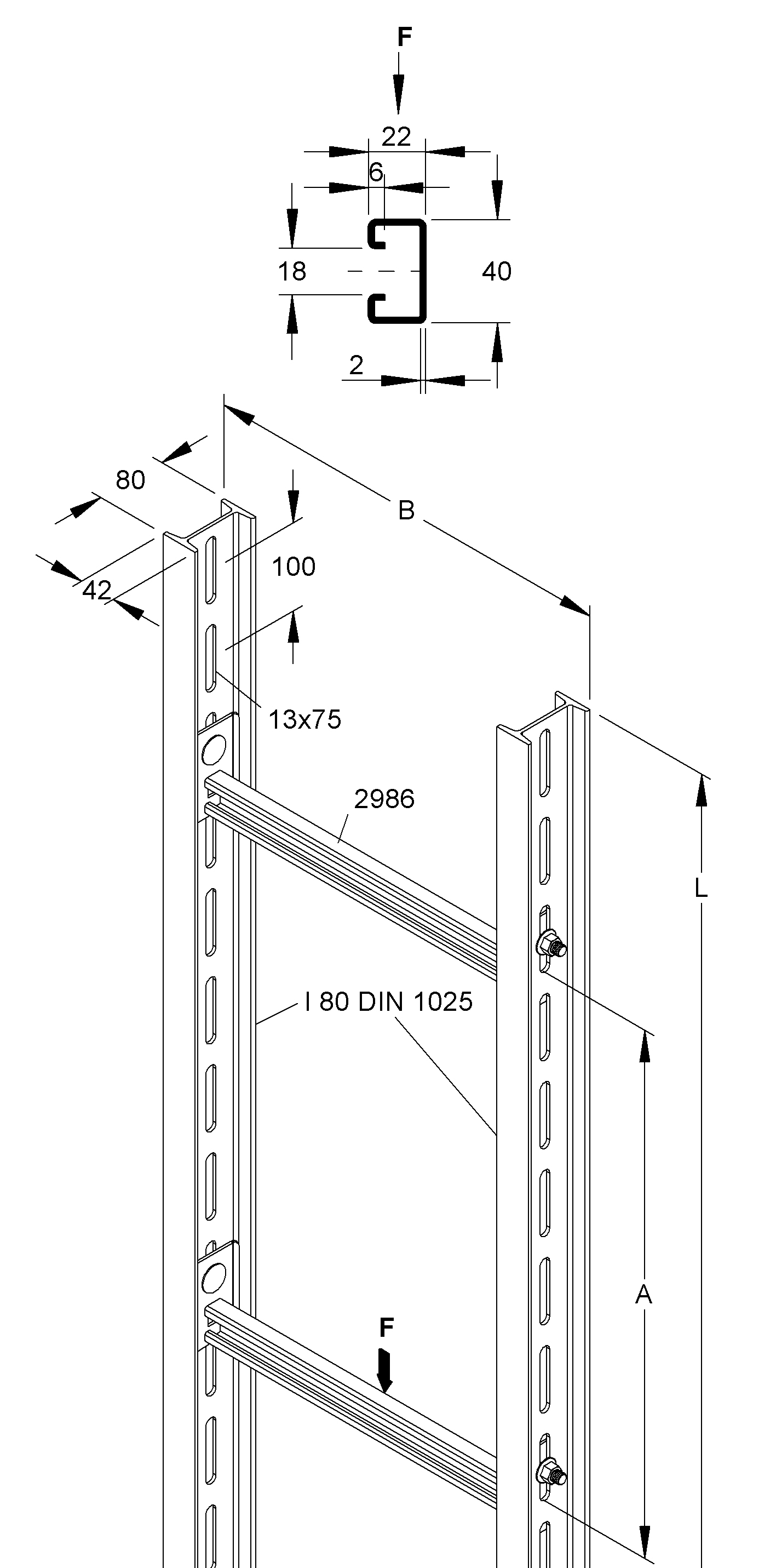 Kabelleiter f/vz+besch 80x980x6000mm Profil feuerverzinkt und beschichtet