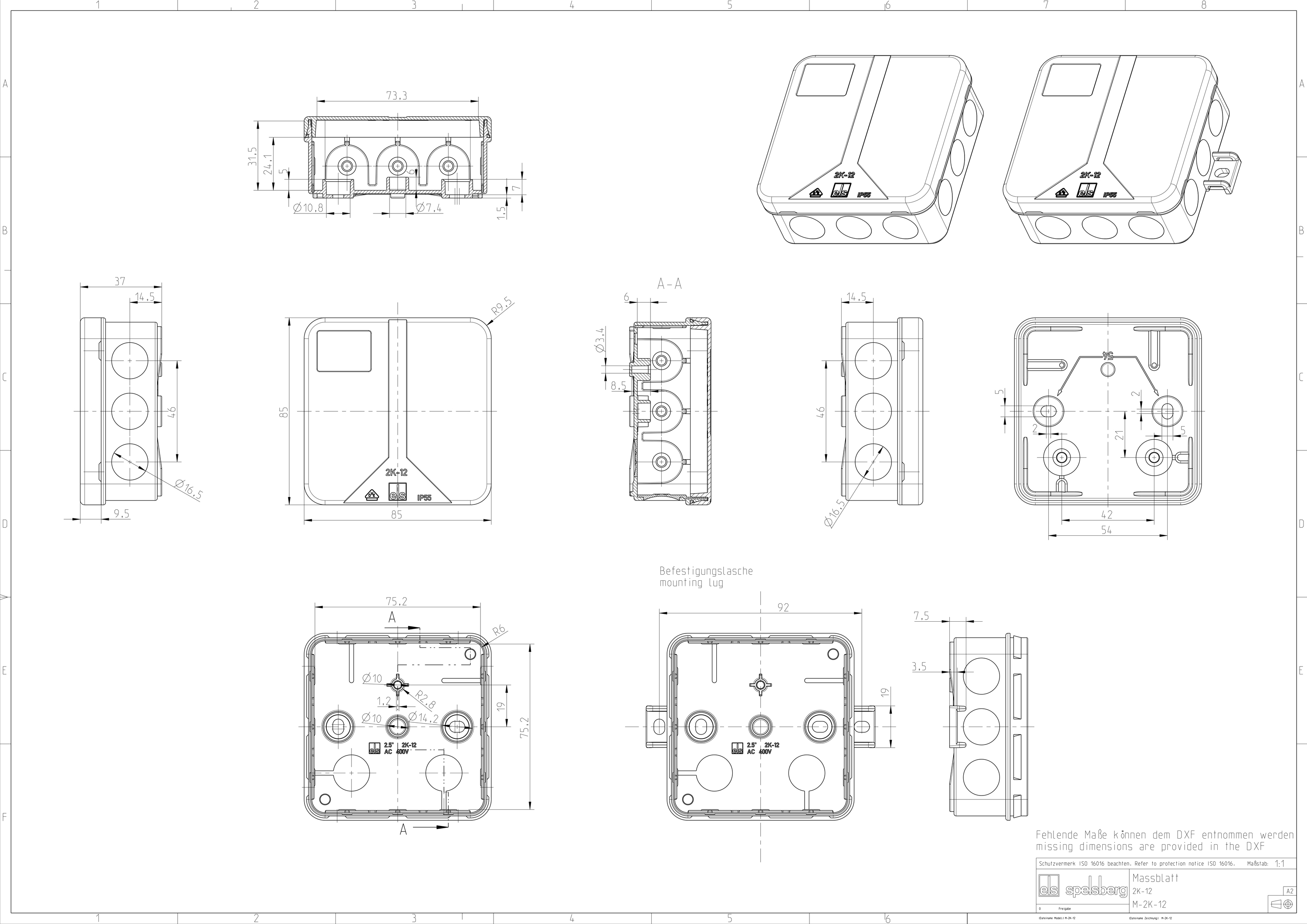 Abzweigdose IP55 2,5qmm 85x85x37mm br Kst Wand/Decke hfr