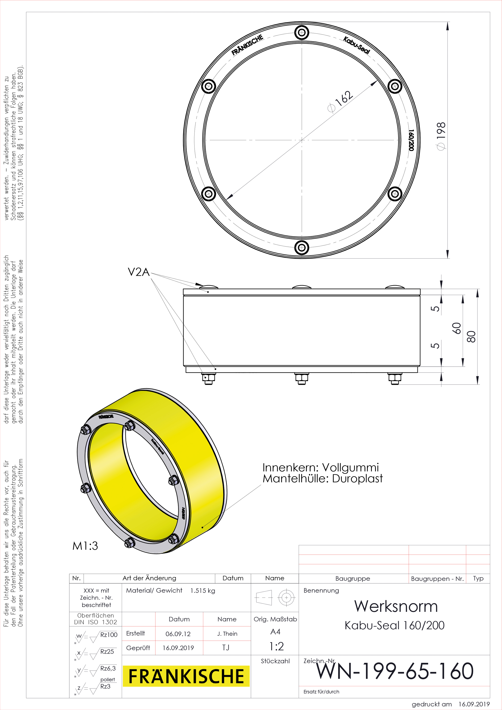 Mauerdurchführung Ø200mm L80mm Pressringdichtung Ø160mm Ø162/154mm