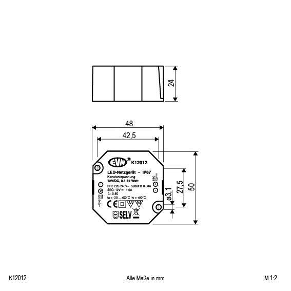 LED-Trafo 0,1-12W 12V IP65 Kstgeh stat 48x50x24mm